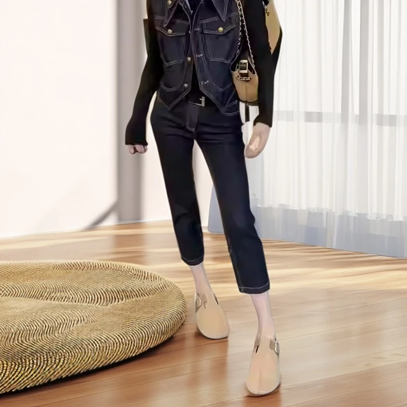 设计感时尚洋气直筒牛仔裤2025新款女微胖大码弹力显瘦八分烟管裤