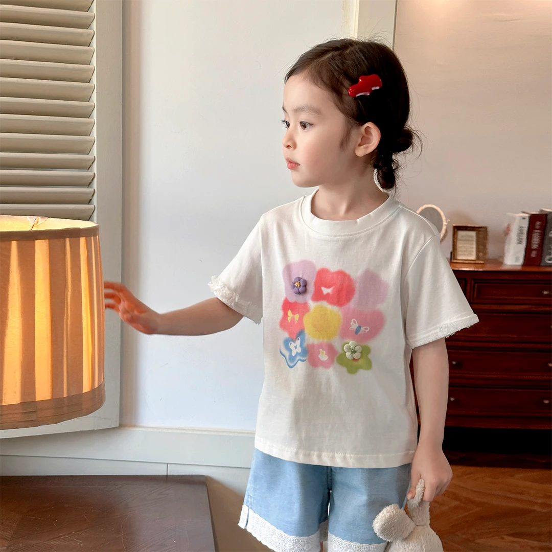 现货【彩色花朵T】100棉5362夏装女童宽松洋气短袖女宝休闲百搭T恤