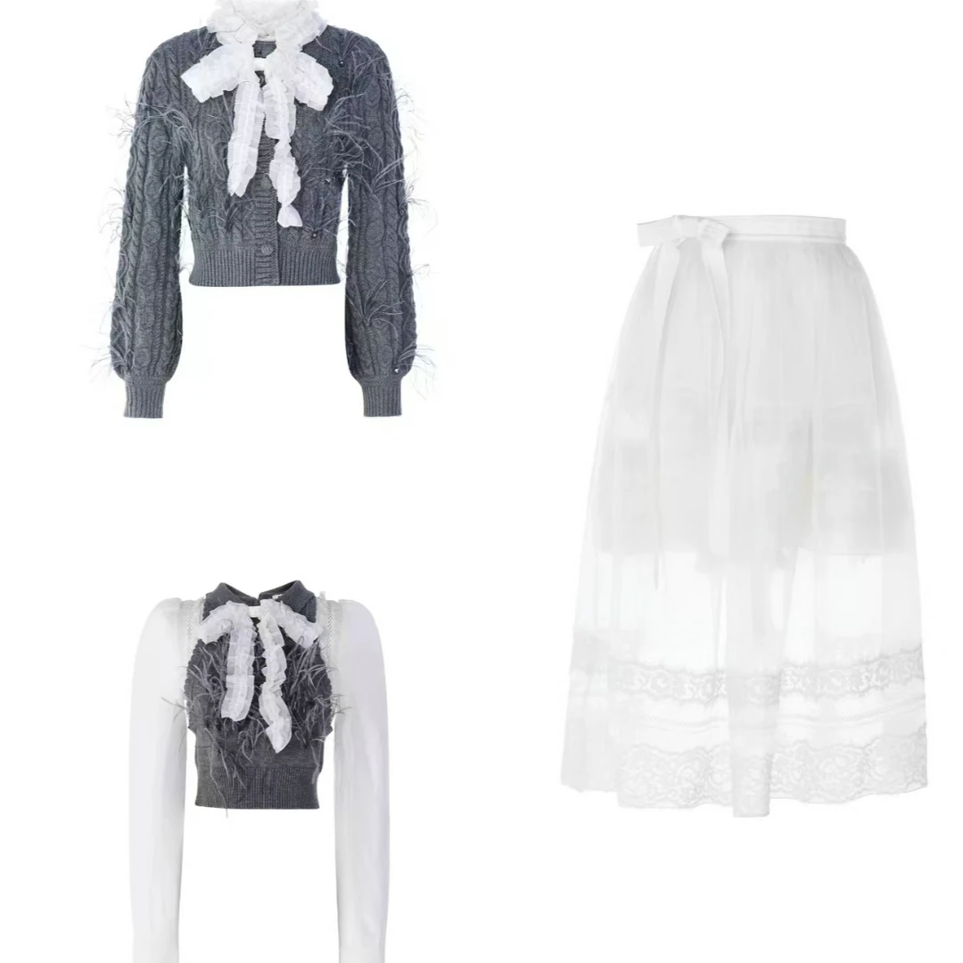 beauty汪静 ~【灰白系列】假两件衬衫+鸵鸟毛毛衣搭配长半裙