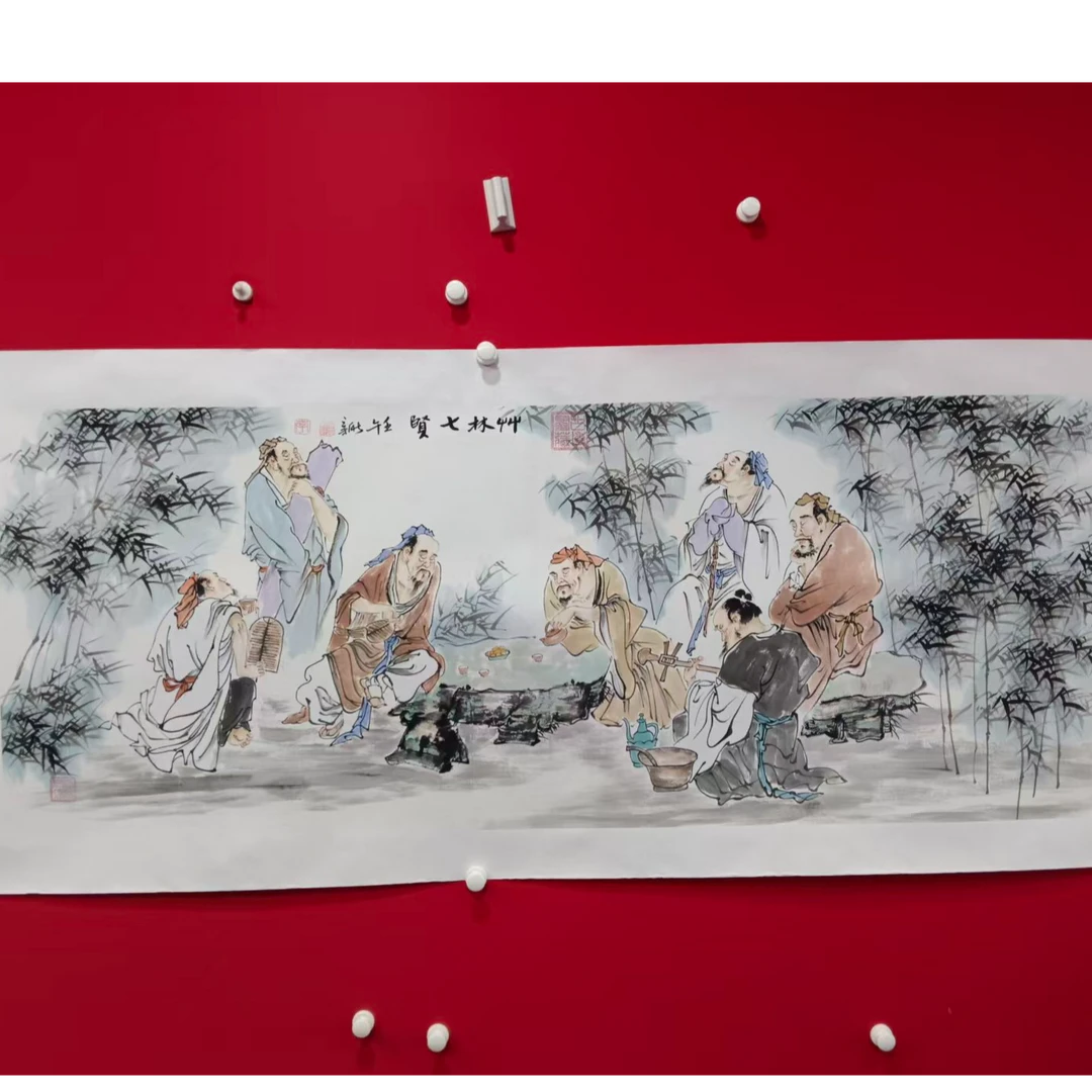 李新社手绘宣纸六尺横幅竹林七贤-人物画