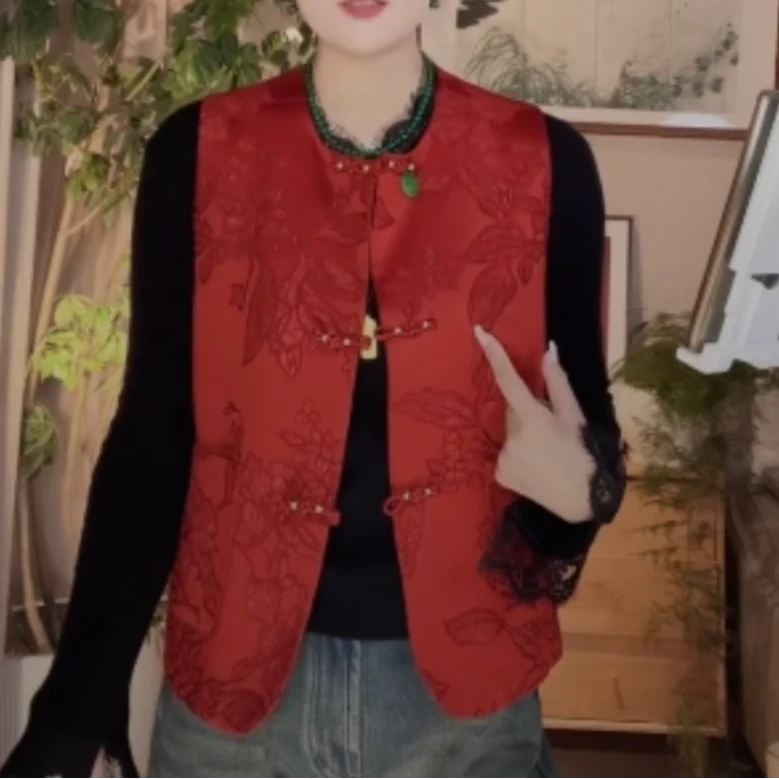 寄相思中秋系列 芳华设计新中式复古提花马甲国风圆领一字扣马甲