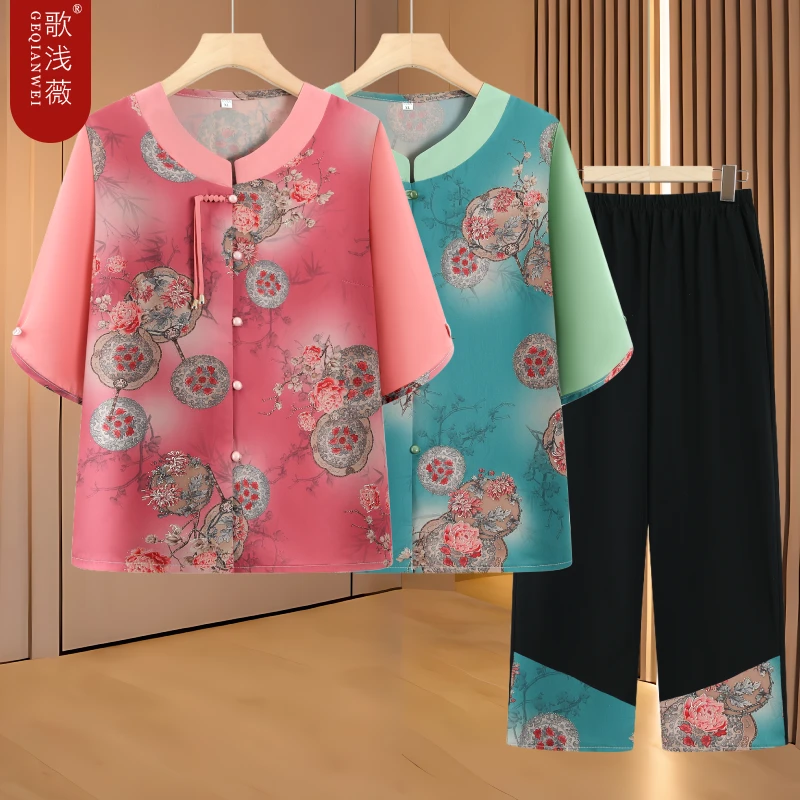 中老年人夏装衬衫套装妈妈夏季两件套奶奶装老人太太国风衣服婆婆
