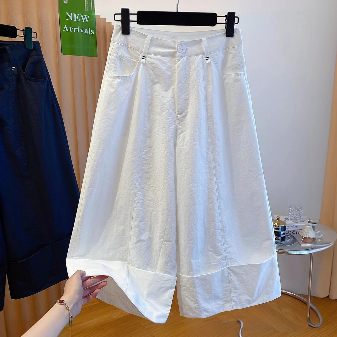 白色七分阔腿裤女夏2025新款宽松休闲薄款时尚百搭a字版八分裤子