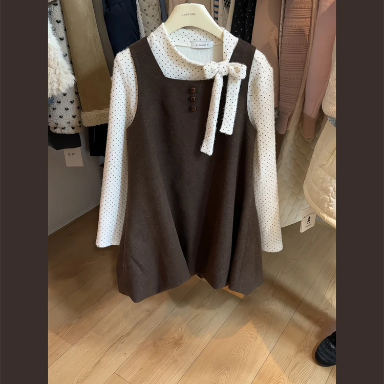 冬季一整套穿搭高级感花苞毛呢背心裙蝴蝶结波点磨毛打底衫两件套