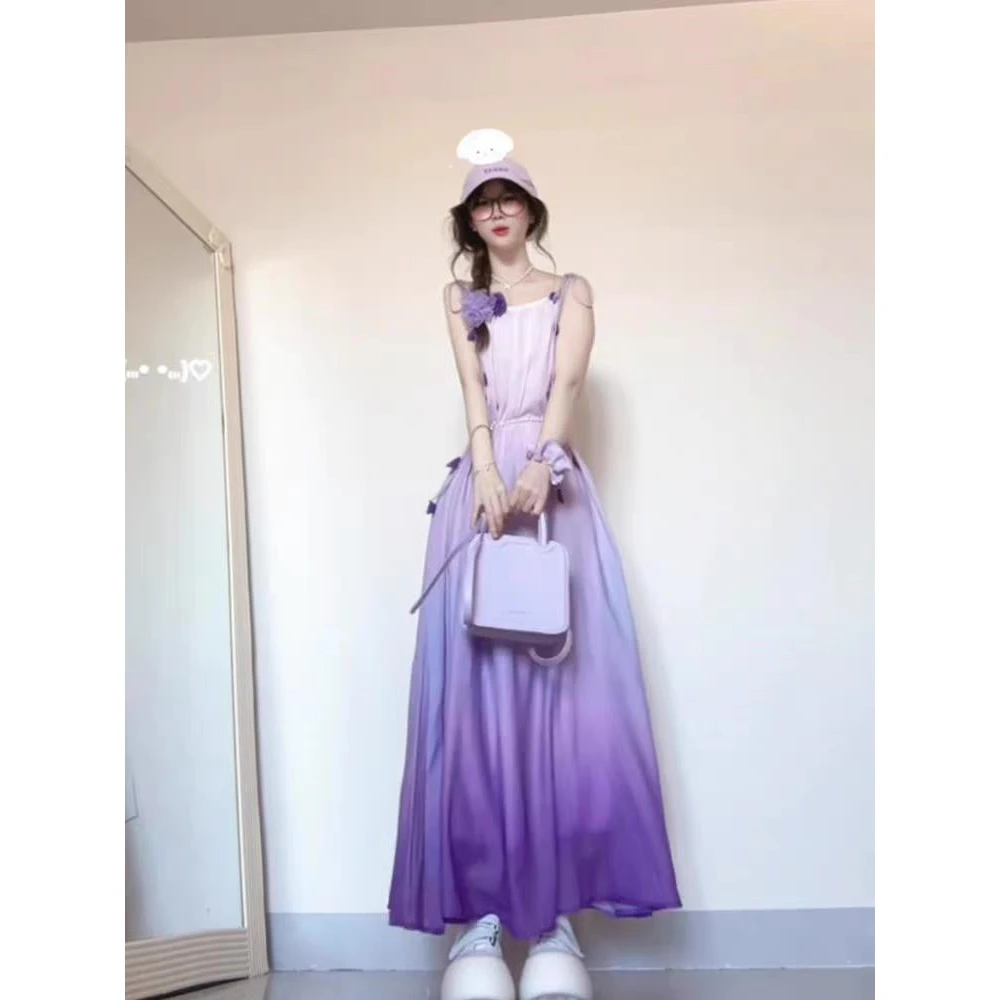 法式温柔风紫色渐变立体花朵吊带连衣裙女宽松显瘦百搭减龄长裙潮