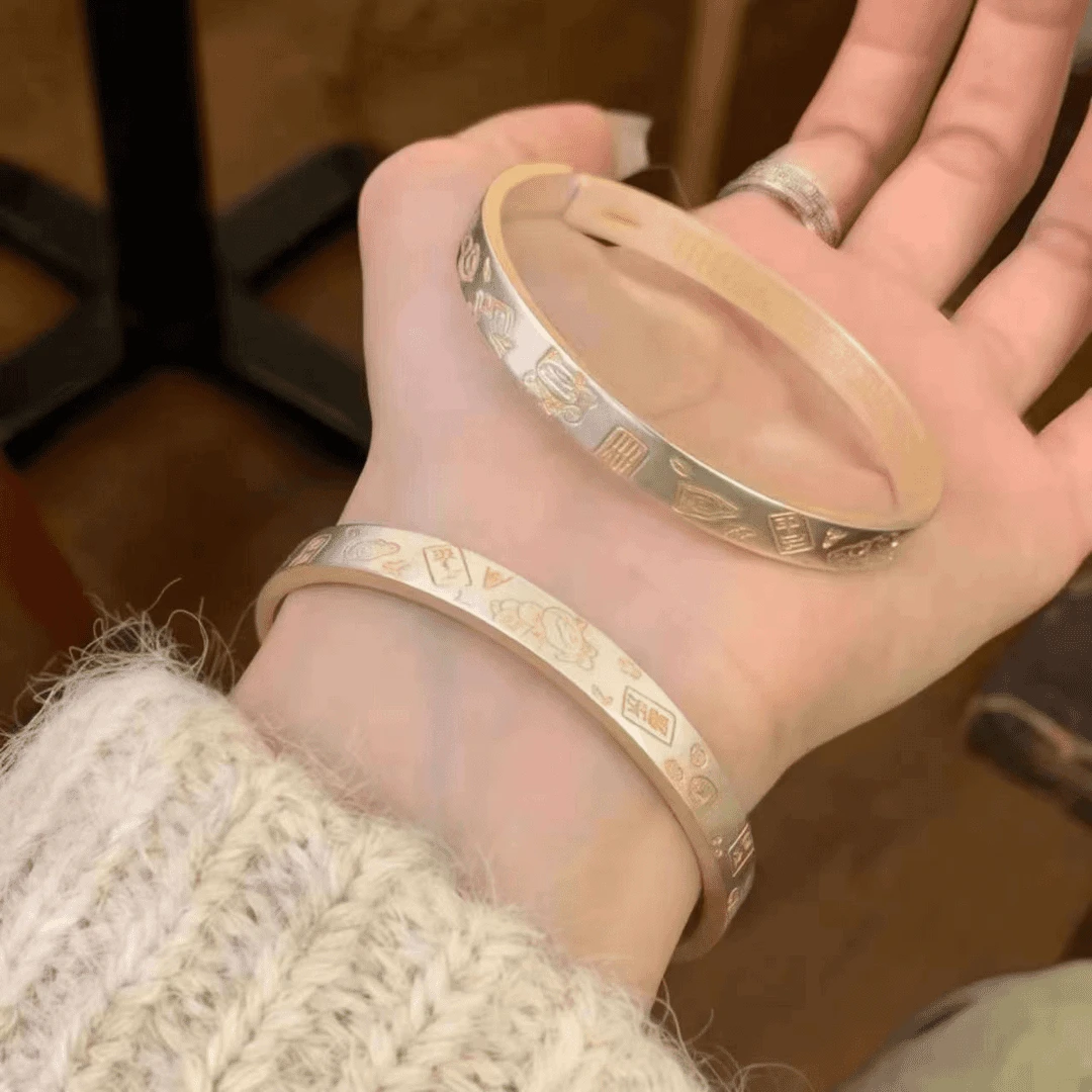 足银手镯 999纯银手镯吉言描金招财猫纯银年轻款开口镯子送女友