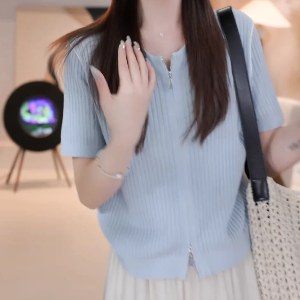 时尚新款休闲慵懒风小个子双开拉链小标针织衫女夏季短袖上衣