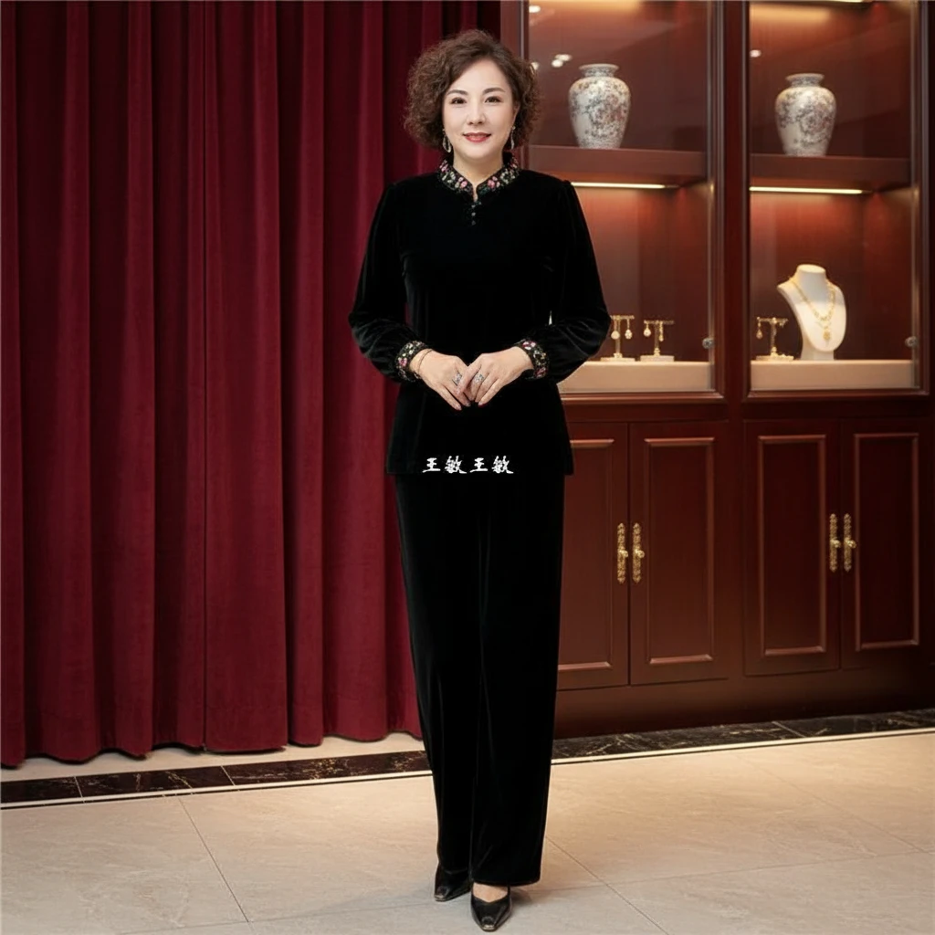 2141大码装感套装妈妈衫打底高级两件套丝绒洋气国风重工刺绣套装