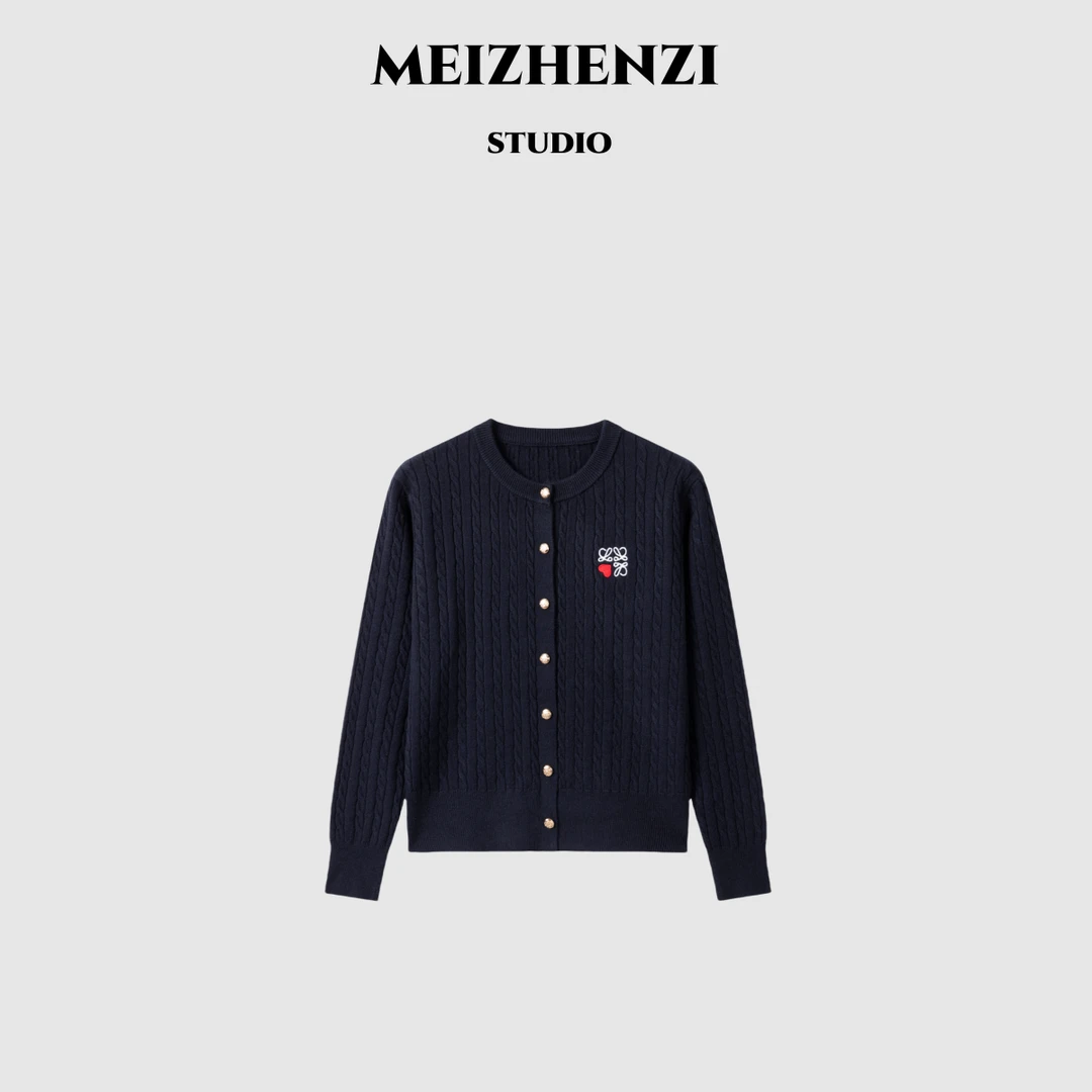 MEIZHENZI【1：1L系学院】秋冬新款针织开衫女老钱风绞花毛衣外套