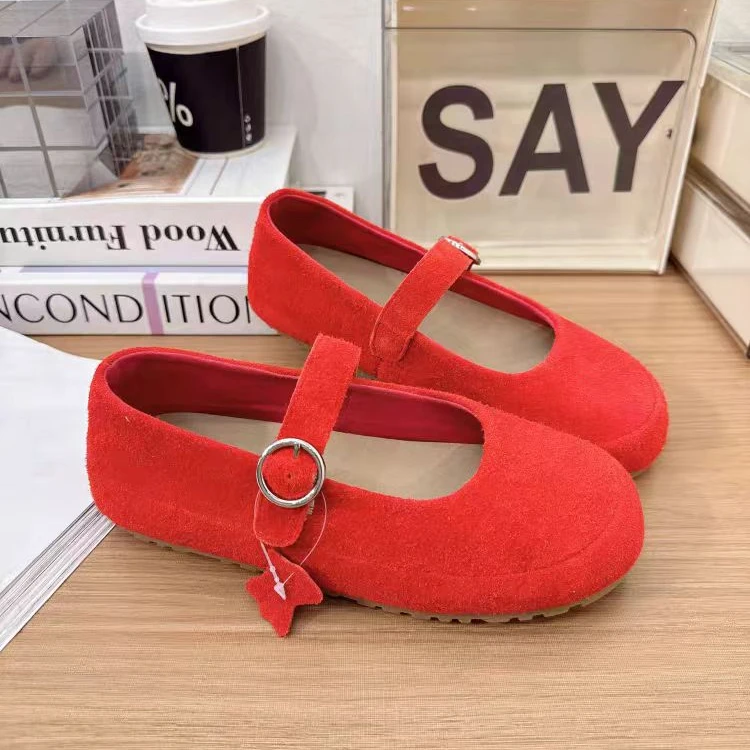 8970-MGG新款皮带扣浅口玛丽珍磨砂真皮平底懒人鞋