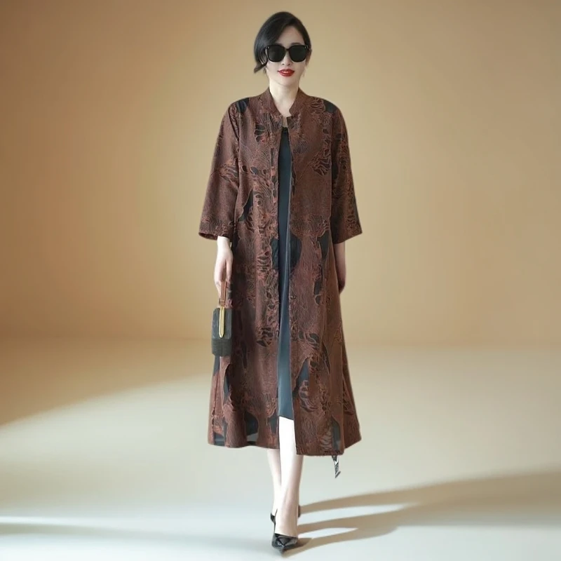 感醋酸剪花薄外套时髦女装大码200斤立领风衣宽松遮肚开衫50135