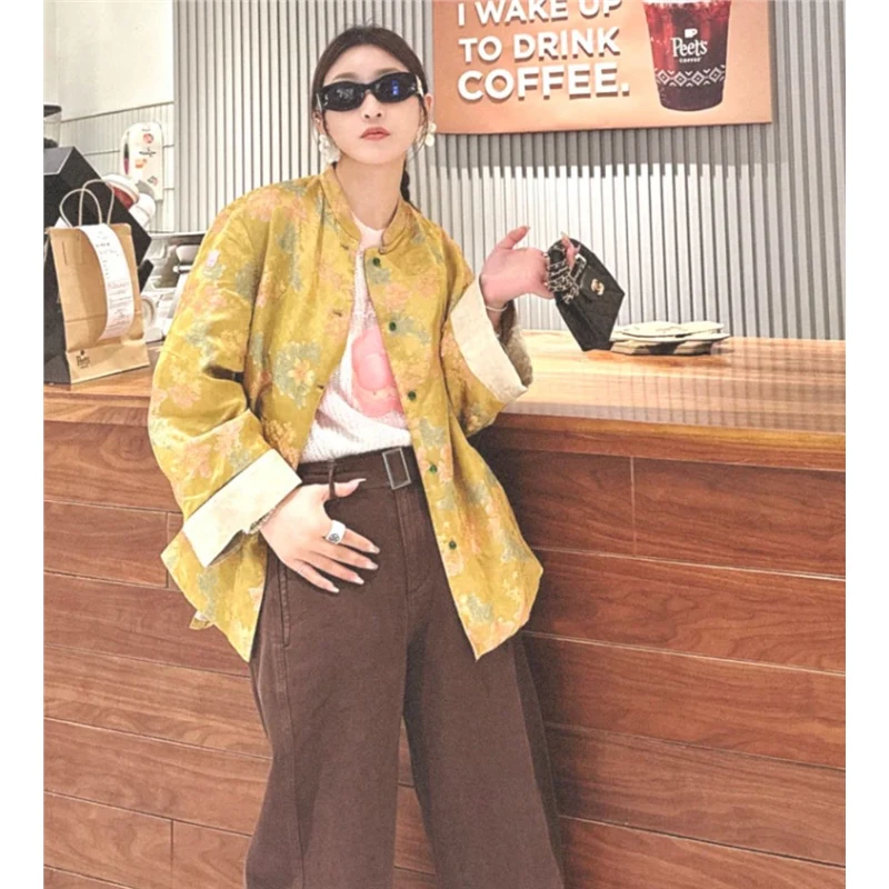 现货花卉提花缎面新中式设计2025春季新品宽松时尚民族风外套