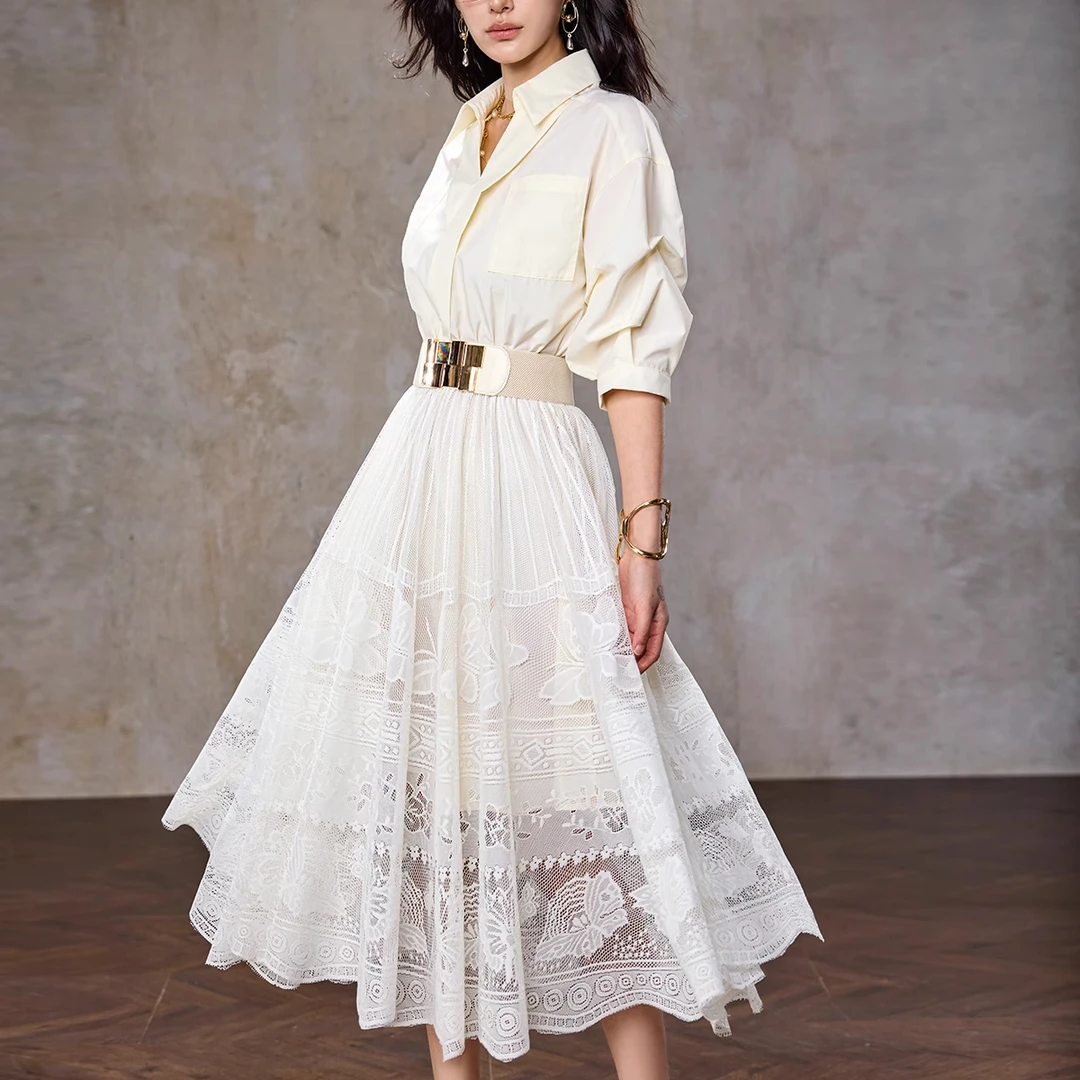 【4531】AUI设计感衬衫连衣裙女夏季显瘦蕾丝大摆裙OL-24W014531P