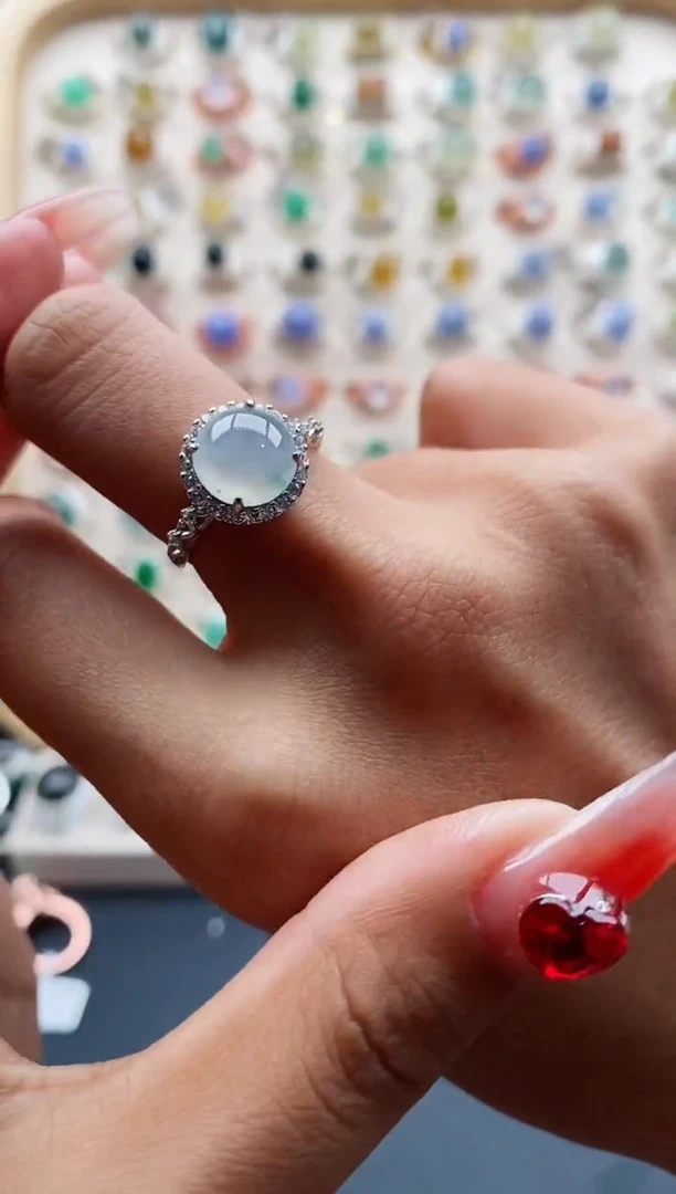 【闪购商品】翡翠戒指银S925镶嵌天然缅甸A货翡翠444 9+2