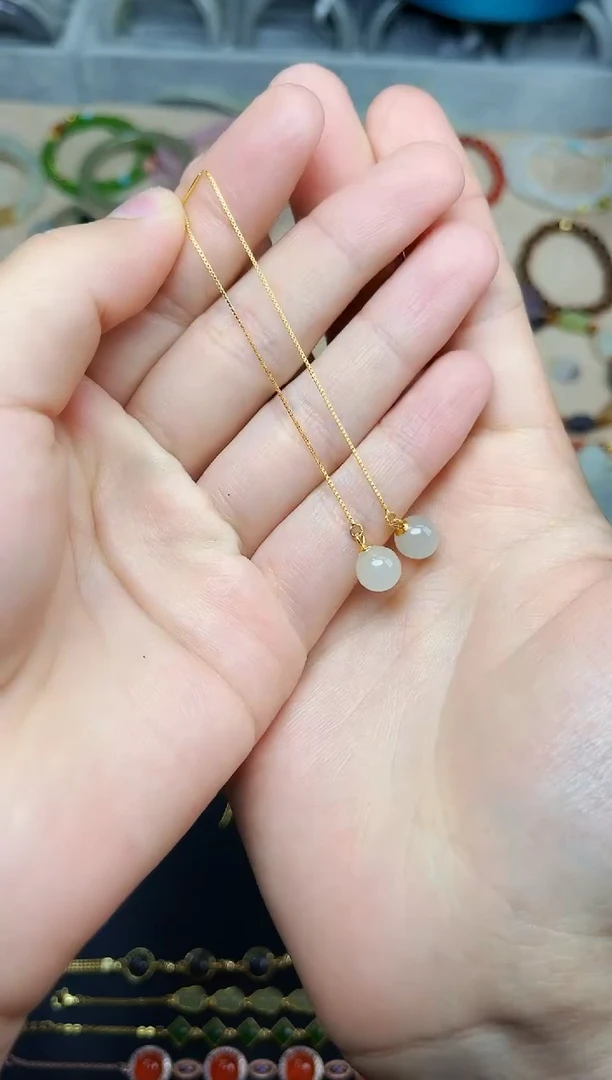 和田玉银S925镶嵌耳饰圆珠耳线06