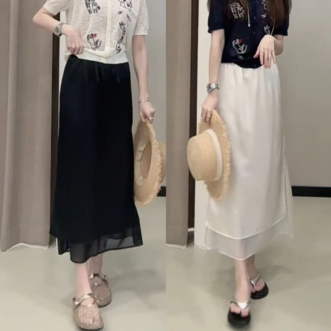 【ZMMY严选私服】夏季新款高腰缎面垂感侧开叉网纱半身裙5062704