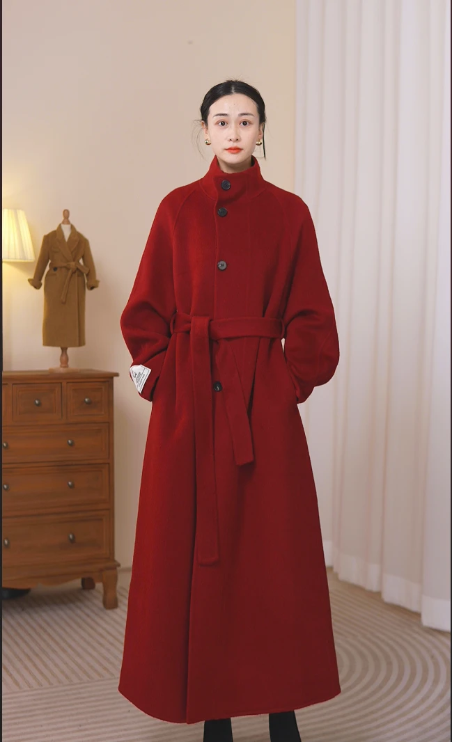 339766秋冬女士双面红色中长款气质时尚宽松黑色宽松廓形大衣外套