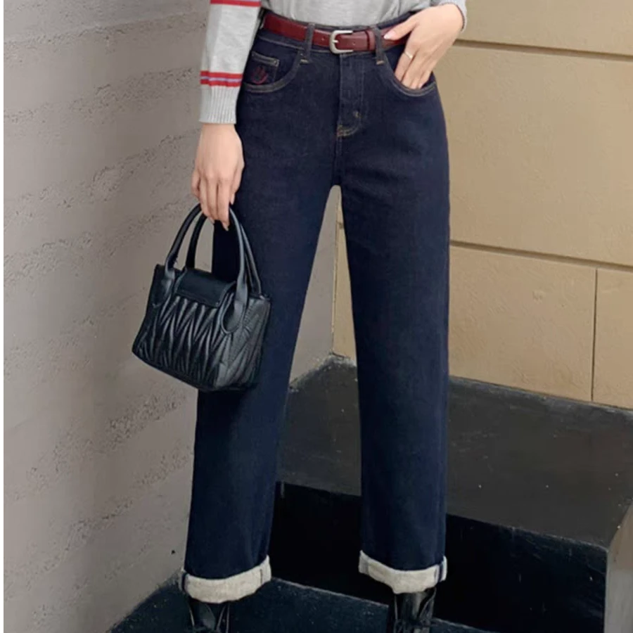 0079抓绒牛仔裤女秋冬新款深色显瘦笑脸刺绣欧版直筒男友裤长裤潮