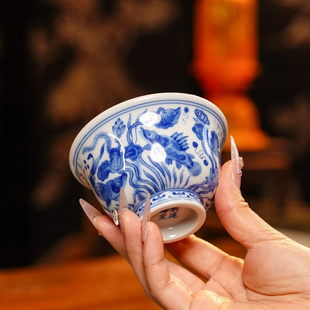 正德御窑刘建锋窑仿清鱼藻压手杯满绘鱼藻茶杯陶瓷中式喝茶品茗杯