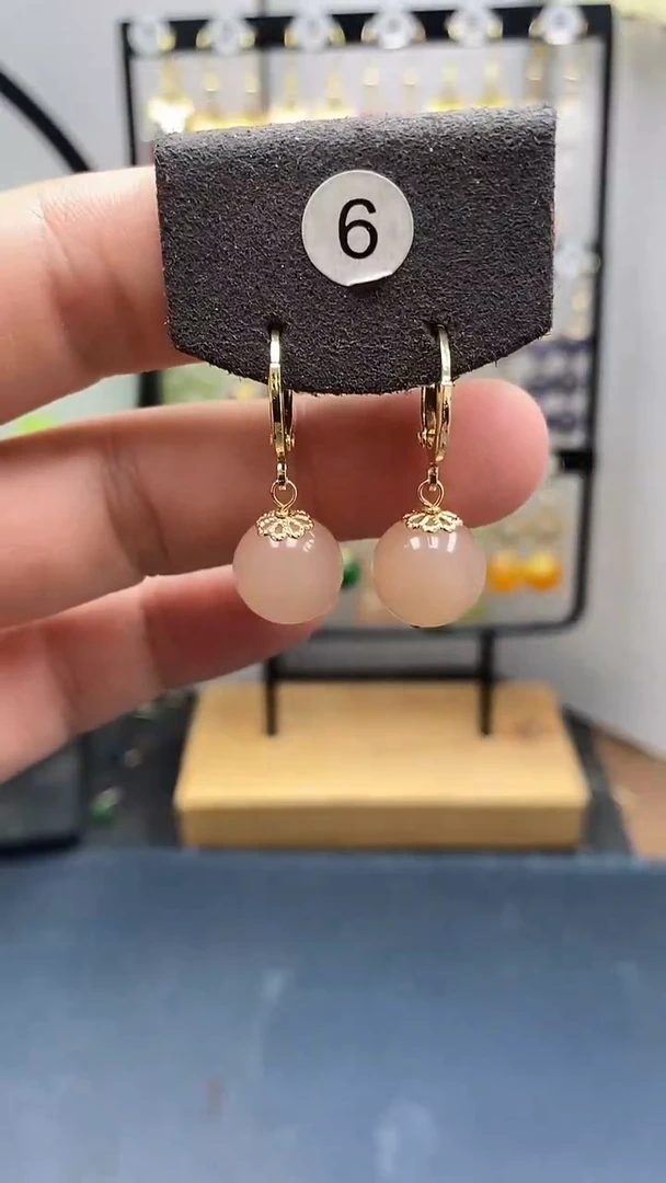 银S925镀金镶嵌和田玉耳饰尺寸12mm藕粉耳扣