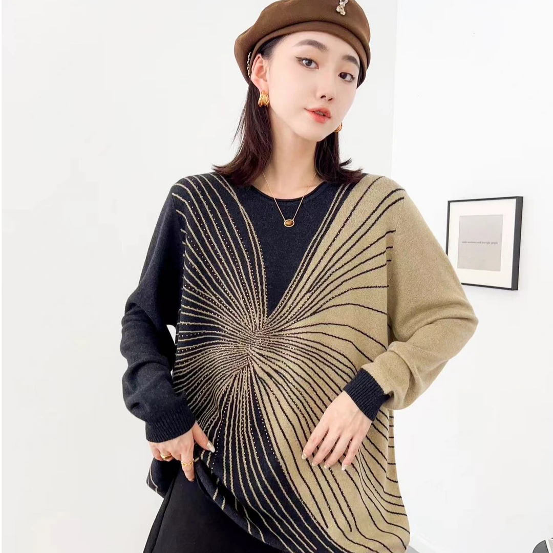 737炭灰色 大码女装中长款时尚拼色韩版针织加厚圆领网红秋冬宽松