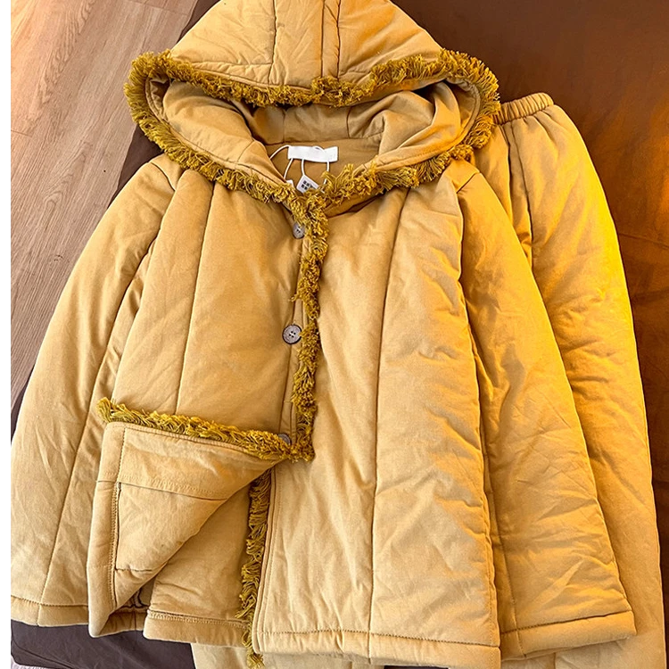 韩版流苏夹棉加厚睡衣女2025年冬季新款连帽宽松家居服套装可外穿