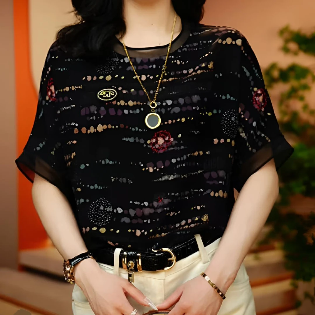 【碎花点】2025夏新款落肩袖带标志显瘦宽松时尚印花女短袖上衣8932