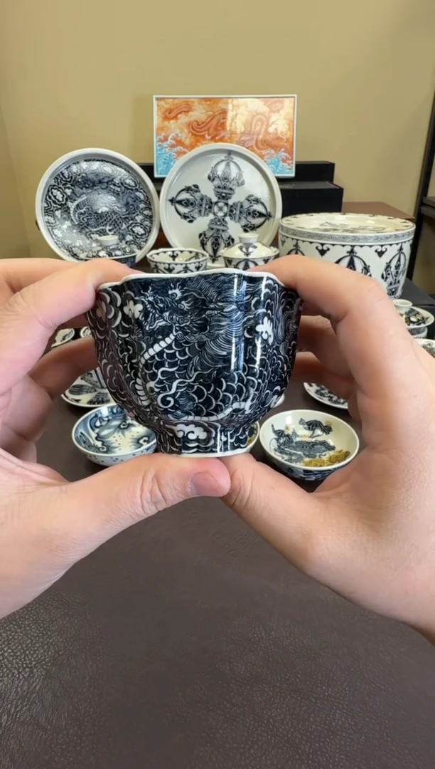 二号釉云墨麒麟六方杯