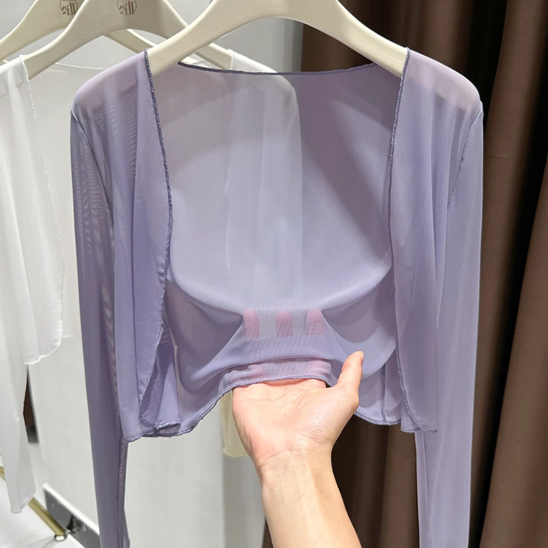 紫色超薄透视网纱镂空短外套2025夏季爆款法式木耳边洋气开衫外搭