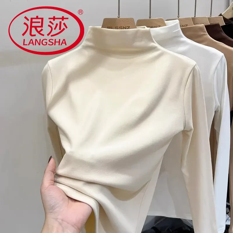 半高领双面德绒加绒加厚打底衫女秋冬加厚保暖内搭t恤上衣女中领