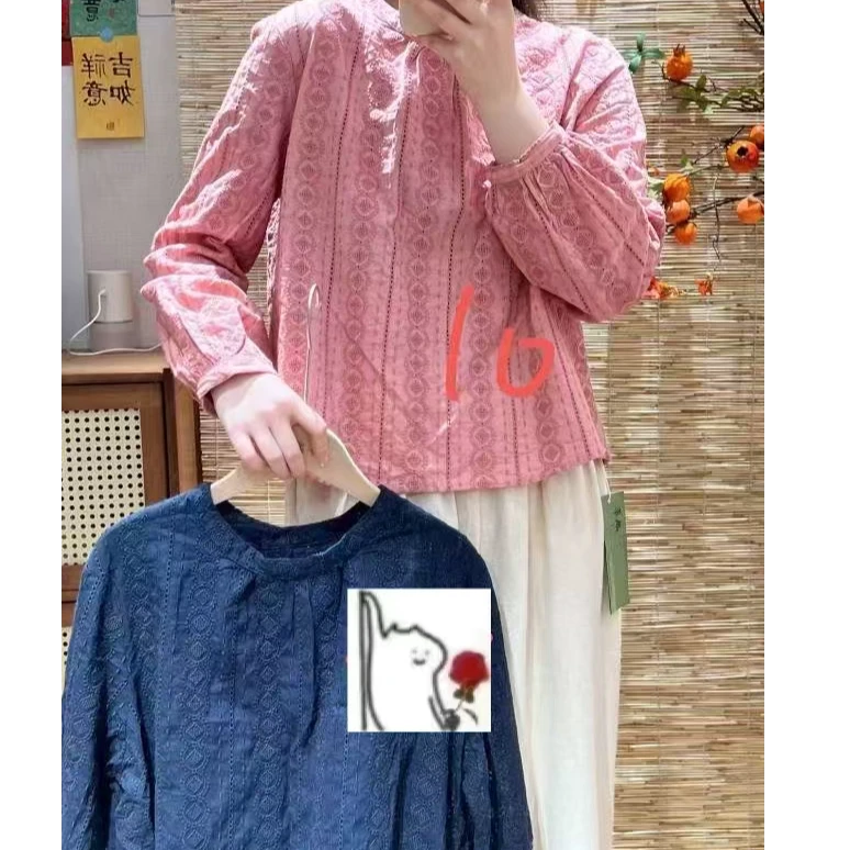 日系休闲重工刺绣亚麻衬衫长袖上衣