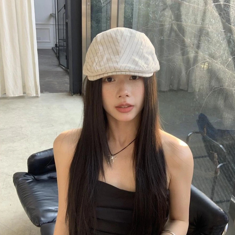 2025春夏新款复古文艺画家帽女条纹英伦前进帽街头休闲报童鸭舌帽