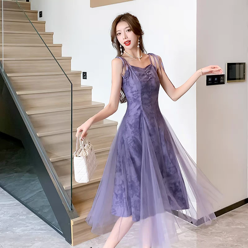 紫色网纱仙女吊带连衣裙女夏季2025新款设计感收腰显瘦绝美长裙子