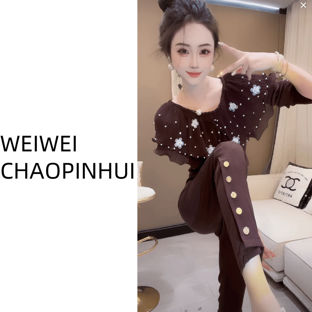 意模【薇薇高端欧货】秋季设计感气质时尚镶钻荷叶边上衣-60870268