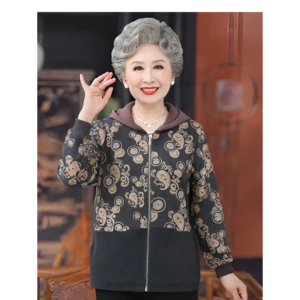 中老年妈妈加绒加厚外套时尚洋气休闲连帽夹克上衣气质妈妈装