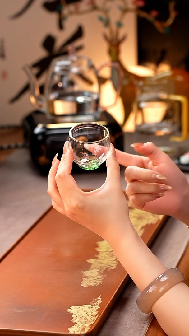 暗香疏影/圆融杯/手工彩璃窨底/湖绿