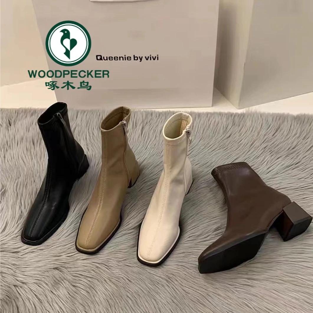 啄木鸟方头高跟鞋法式小短靴女秋冬加绒2025新款马丁靴瘦瘦短靴女