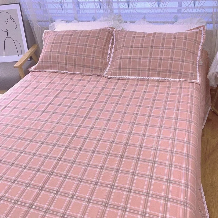【粉色方格】高端精品纯棉加厚床单带花边+赠一对枕套