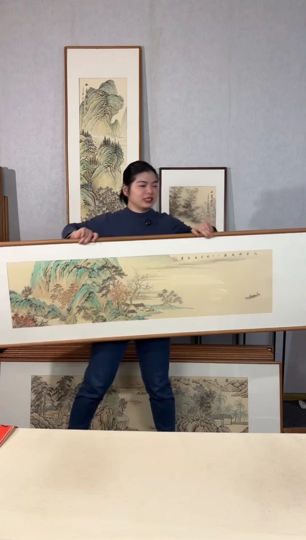 国画手绘*泛舟访友*52*172cm*原木色木框
