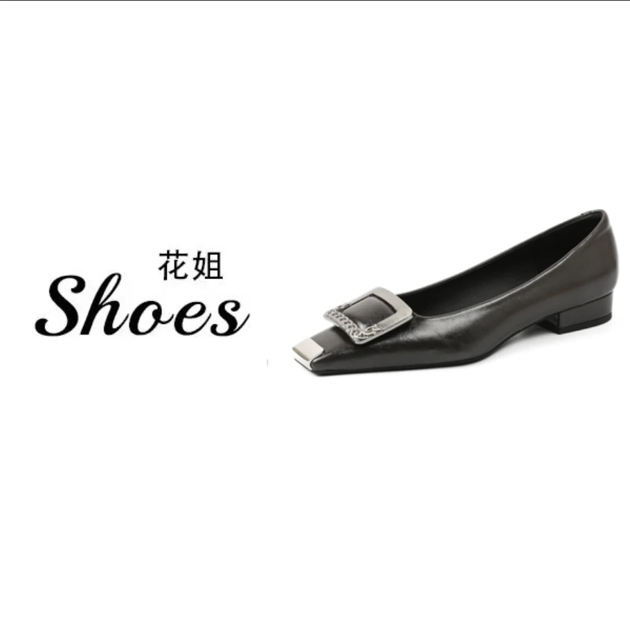 H6388-6春季新款rv方扣白色单鞋带跟金属铁头粗跟方头女鞋