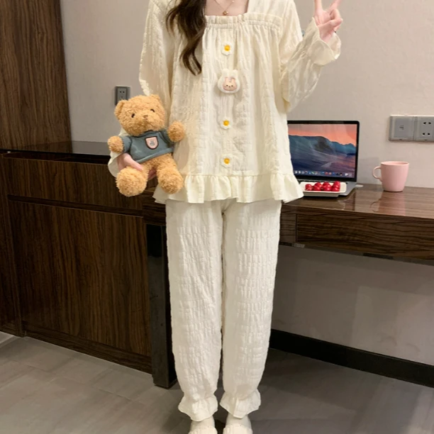 睡衣女春夏2025新款兔子带胸垫甜美少女长袖学生可外穿家居服套装