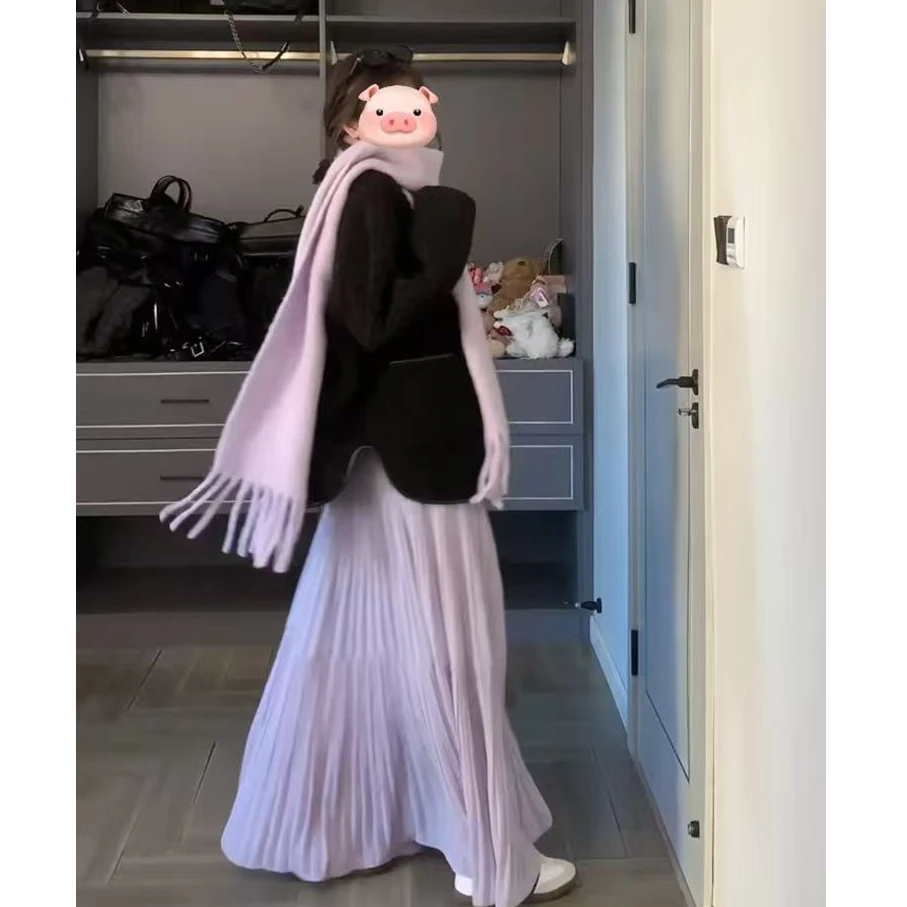 韩系紫色半身裙夏季百褶裙中长款显瘦a字飘飘蛋糕裙