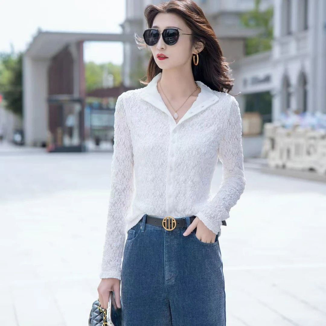 阿玛施AMASS【月光浮雕】时尚提花翻领白色长袖衬衫5301016