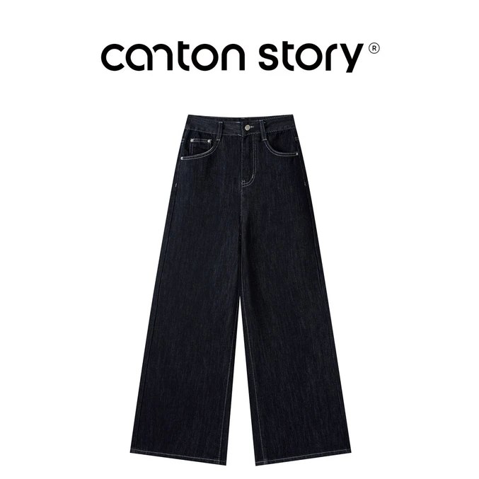 羊城故事复古蓝色阔腿高腰宽松百搭直筒牛仔裤 Y2508x牛仔裤x202