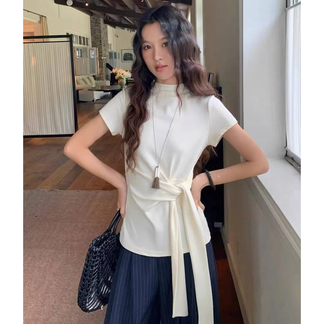 2025秋季新款绑带收腰显瘦中领T恤女修身时尚打底短袖小衫上衣