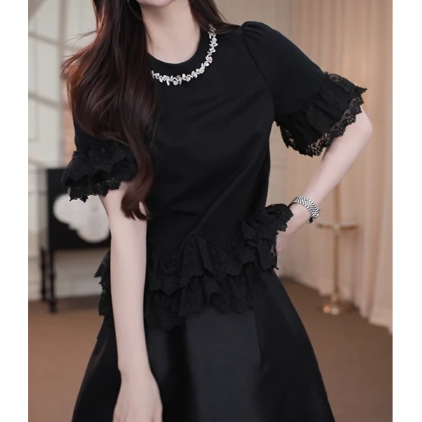 小众设计感拼接蕾丝荷叶边短袖T恤2025夏季新款黑色高级感上衣女