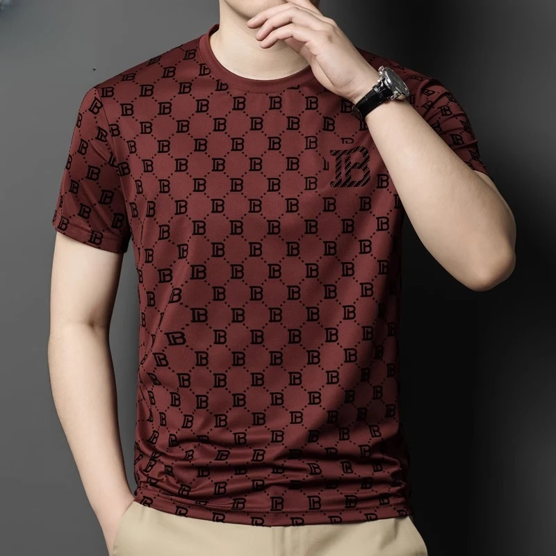 桑蚕丝T恤男短袖夏季高档商务休闲时尚冰丝上衣大码圆领宽松体恤