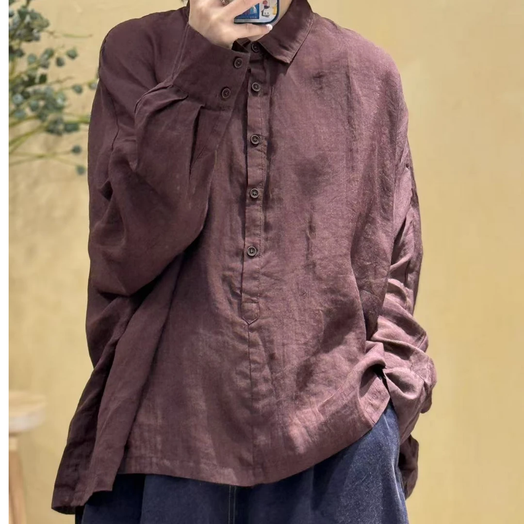 2025新款百搭休闲时尚复古宽松文艺立领长袖显瘦苎麻衬衣258852*