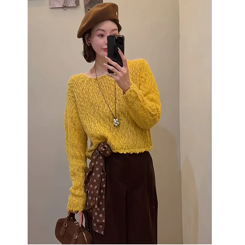 慵懒风黄色套头毛衣女2025秋季新款复古气质宽松显瘦长袖针织上衣