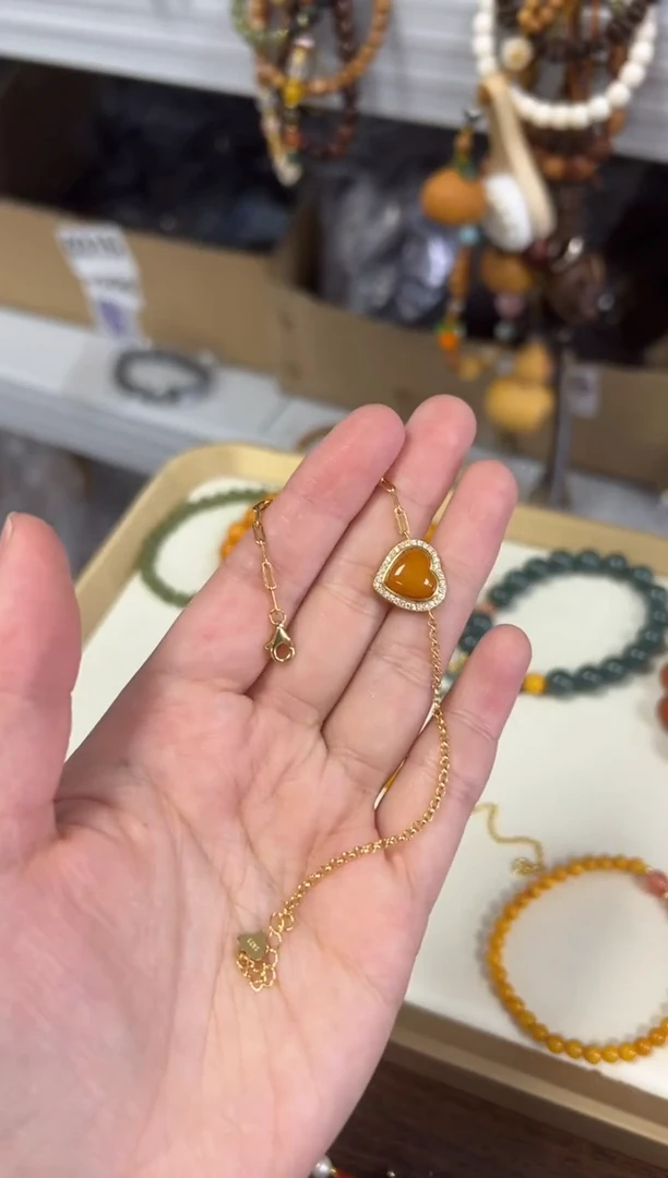 银S925镶嵌蜜蜡手链蜜蜡爱心银镶嵌手链[0461]